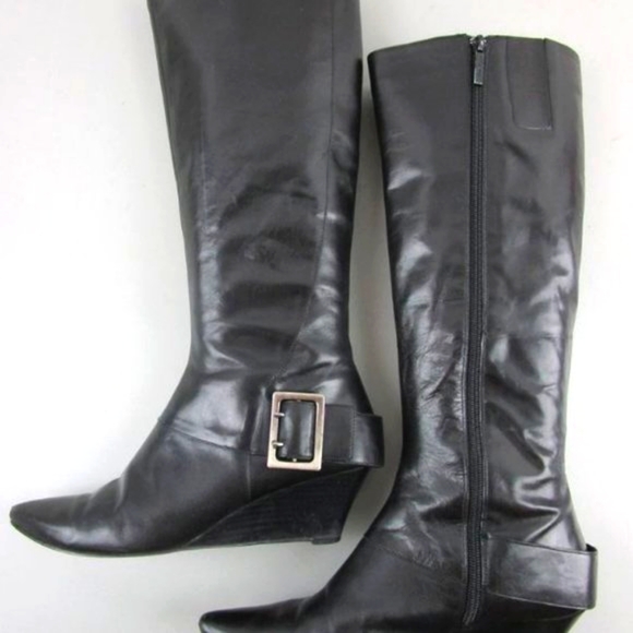 Nine West Womens Black Leather Wedge Boots Sz 7.5 - Picture 2 of 6